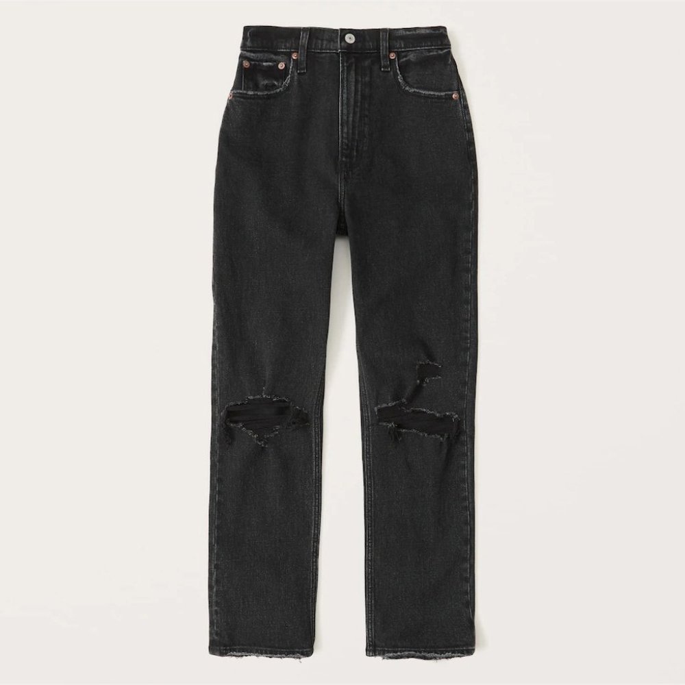 Abercrombie Ultra High Rise Ankle Straight Jeans in Ripped Black 26 Short